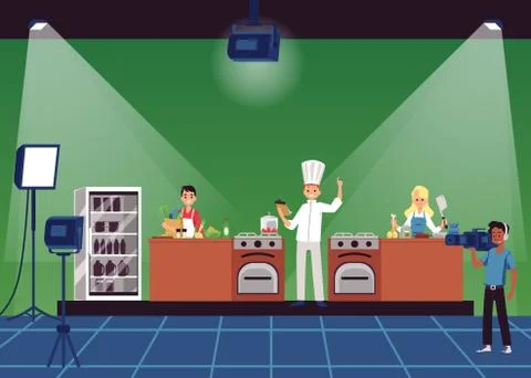 Vector illustration of live broadcast of cooking TV show from television studio. Ilustración de archivo