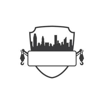Vector illustration logo design shield skyline and towing Stock Illustration