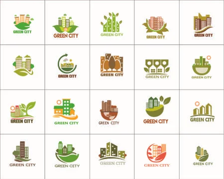 Vector illustration logo of green building with windmill for ecological conce Stock Illustration