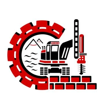 Vector illustration, logo, icon of a car and a drilling rig. The construction in Stock Illustration