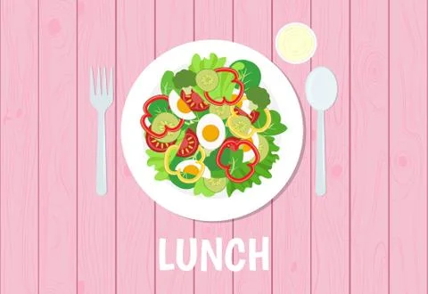 Vector illustration of lunch set on pink table wooden background Stock Illustration