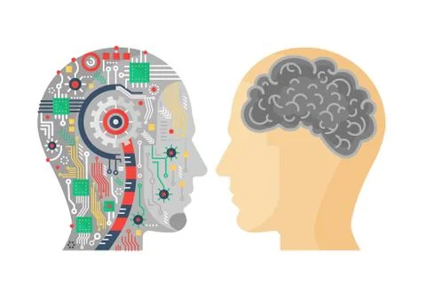 Vector illustration of machinery head of cyborg and the human one with the brain Illustrazione stock