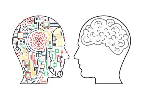 Vector illustration of machinery head of cyborg and the human one with the brain 스톡 일러스트