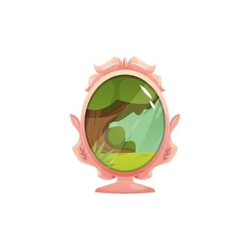 Vector illustration of a magic mirror reflecting a charming forest landscape in Stock Illustration