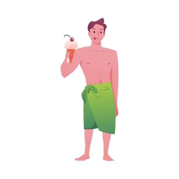 Vector illustration of male character in bathing towel holding ice cream. Stock Illustration
