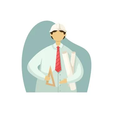 Vector illustration of a male engineer with technical drawings in his hands a Stock Illustration