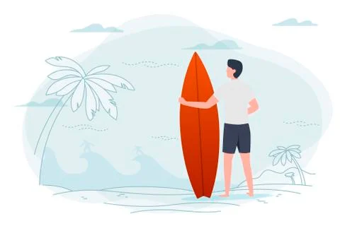 Vector illustration - man on a beach, holding surfboard. Ocean, surfers, palms Stock Illustration
