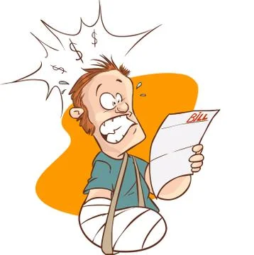 Vector illustration of a man with broken arm and hospital bills Stock Illustration