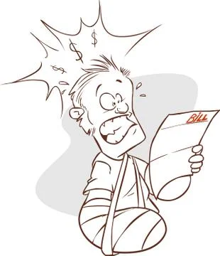 Vector illustration of a man with broken arm and hospital bills Stock Illustration