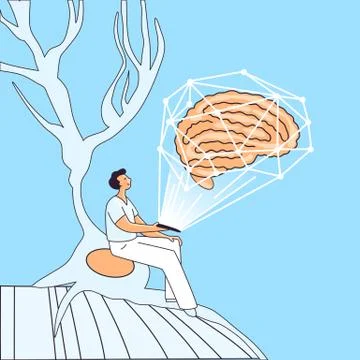 Vector illustration of man character, sitting in a synapce and doing brain Stock Illustration