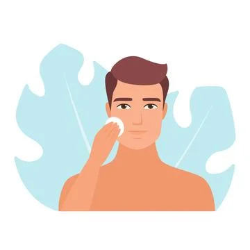 Vector Illustration of a Man Cleansing Face with Cotton Pad Stock Illustration