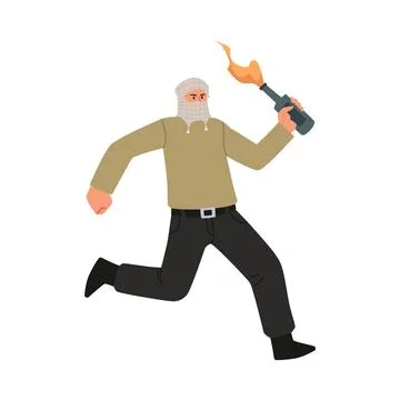 Vector illustration of a man with a covered face holding a Molotov cocktail. Stock Illustration