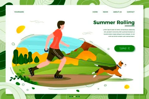 Vector illustration - man with dog rolling in park. Forests, trees and hills Stock Illustration