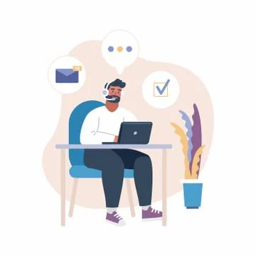 Vector illustration of man with headset working with laptop Stock Illustration