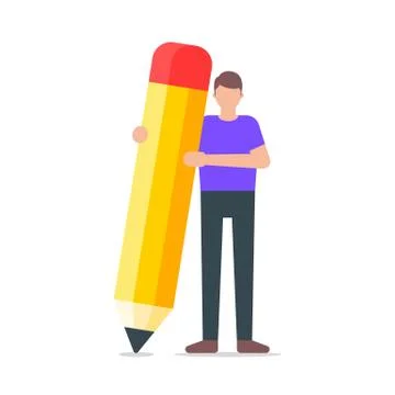 Vector illustration of a man holding a big pencil flat style Illustrazione stock