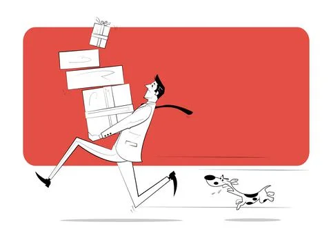 Vector illustration man holding gift box and angry dog Stock Illustration