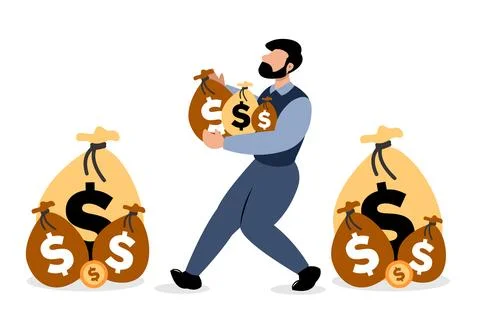 Vector illustration of a man holding several bags of dollar bills Stock Illustration