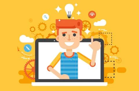 Vector illustration man with idea, lamp light bulb above head and index finger Stock Illustration