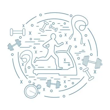 Vector illustration of the man jogging on a treadmill and different kinds of  Illustrazione stock