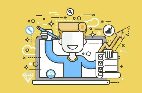 Vector illustration man in laptop notebook offers fill in application form Stock Illustration