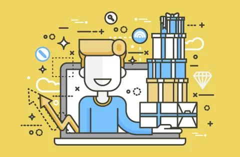 Vector illustration man in laptop notebook with lot of shopping packing boxes of Stock Illustration