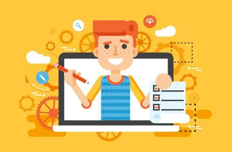 Vector illustration man laptop notebook offers fill in application form design Stock Illustration