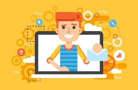 Vector illustration man laptop notebook delivery receive of letter posts in flat Stock Illustration