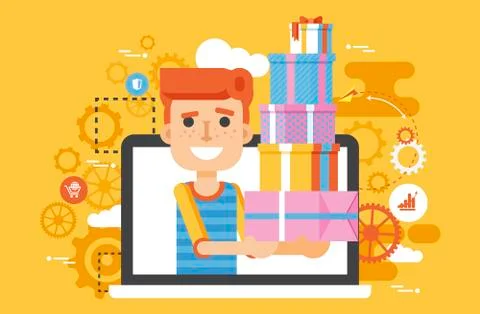 Vector illustration man in laptop notebook with lot of shopping packing boxes of Stock Illustration