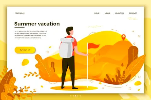 Vector illustration - man looking to the mountain peaks. Mountains, trees Stock Illustration