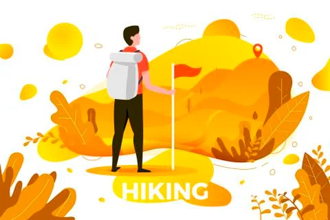 Vector illustration - man looking to the mountain peaks. Mountains, trees Illustrazione stock