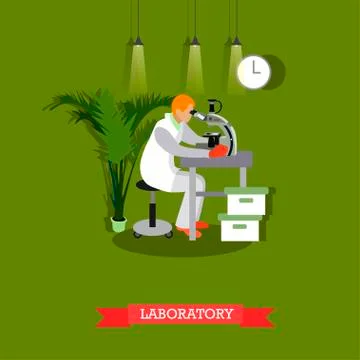 Vector illustration of man looking through microscope in flat style Stock Illustration