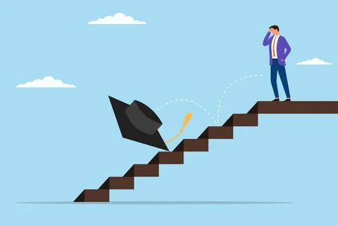 Vector illustration of a man looking upset as his graduation cap falls down Stock Illustration