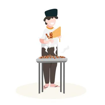 Vector illustration of a man makes grilled meat called satay. Indonesian st.. Stock-Illustration