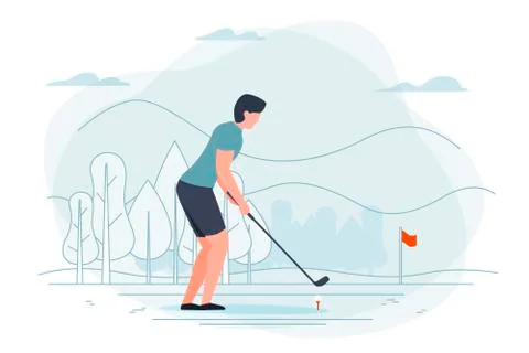 Vector illustration - man playing golf. Park, forest, trees and hills Stock Illustration