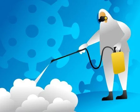 Vector illustration of a man in protective suit spraying disinfectant to cl.. Stock Illustration