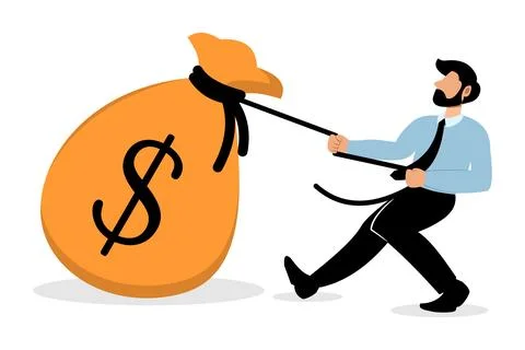 Vector illustration of a man pulling a large sack of dollar bills Stock Illustration
