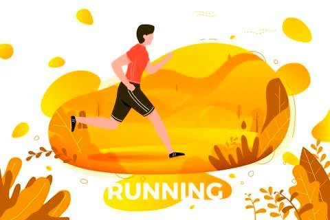 Vector illustration -  man running in park. Forest, trees and hills Stock Illustration