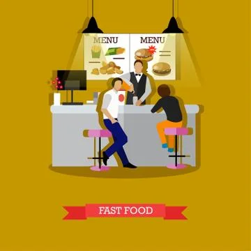 Vector illustration of man serving visitors in fast food restaurant Stock Illustration
