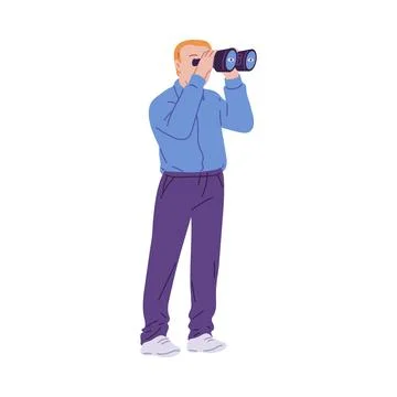 Vector illustration of a man, side view and looking through binoculars on a 스톡 일러스트