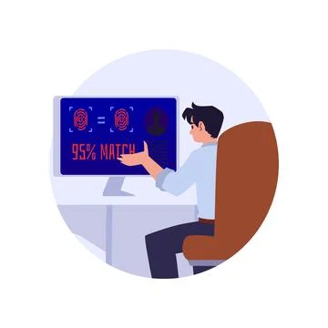 Vector illustration of man sits at a computer and scans fingerprint, uses Stock Illustration