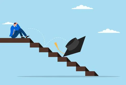 Vector illustration of a man sitting in despair as his graduation cap falls Stock Illustration