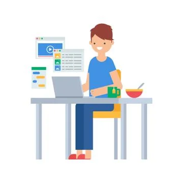 Vector illustration of a man sitting at the table with laptop Stock Illustration