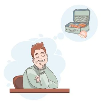 Vector illustration. The man sitting at the table closed his eyes and dreams Stock Illustration
