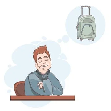 Vector illustration. The man sitting at the table closed his eyes and dreams Illustrazione stock