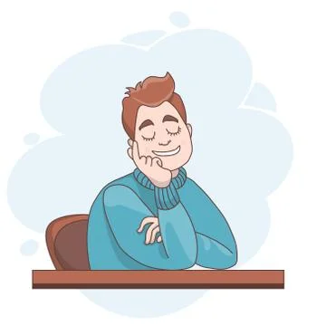 Vector illustration. A man sitting at a table is resting, closed his eyes and Stock Illustration
