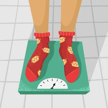 Vector illustration of a man standing on a scale. Weighing. Excess weight. Stock Illustration