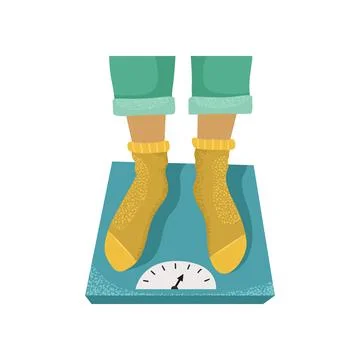 Vector illustration of a man standing on a scale. Weighing. Excess weight. Stock-Illustration