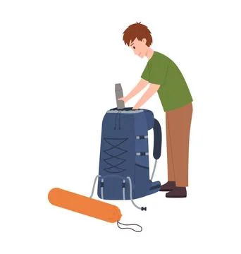 Vector illustration of a man stands and packs travel backpack with sleeping Stock Illustration