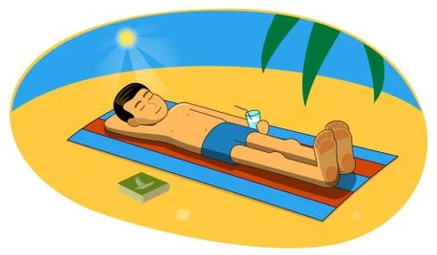 Vector illustration of man sunbathing on the beach Stock Illustration