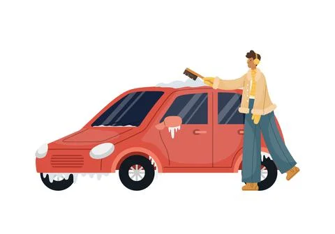 Vector illustration of a man sweeping snow with a brush from a car. Stock Illustration
